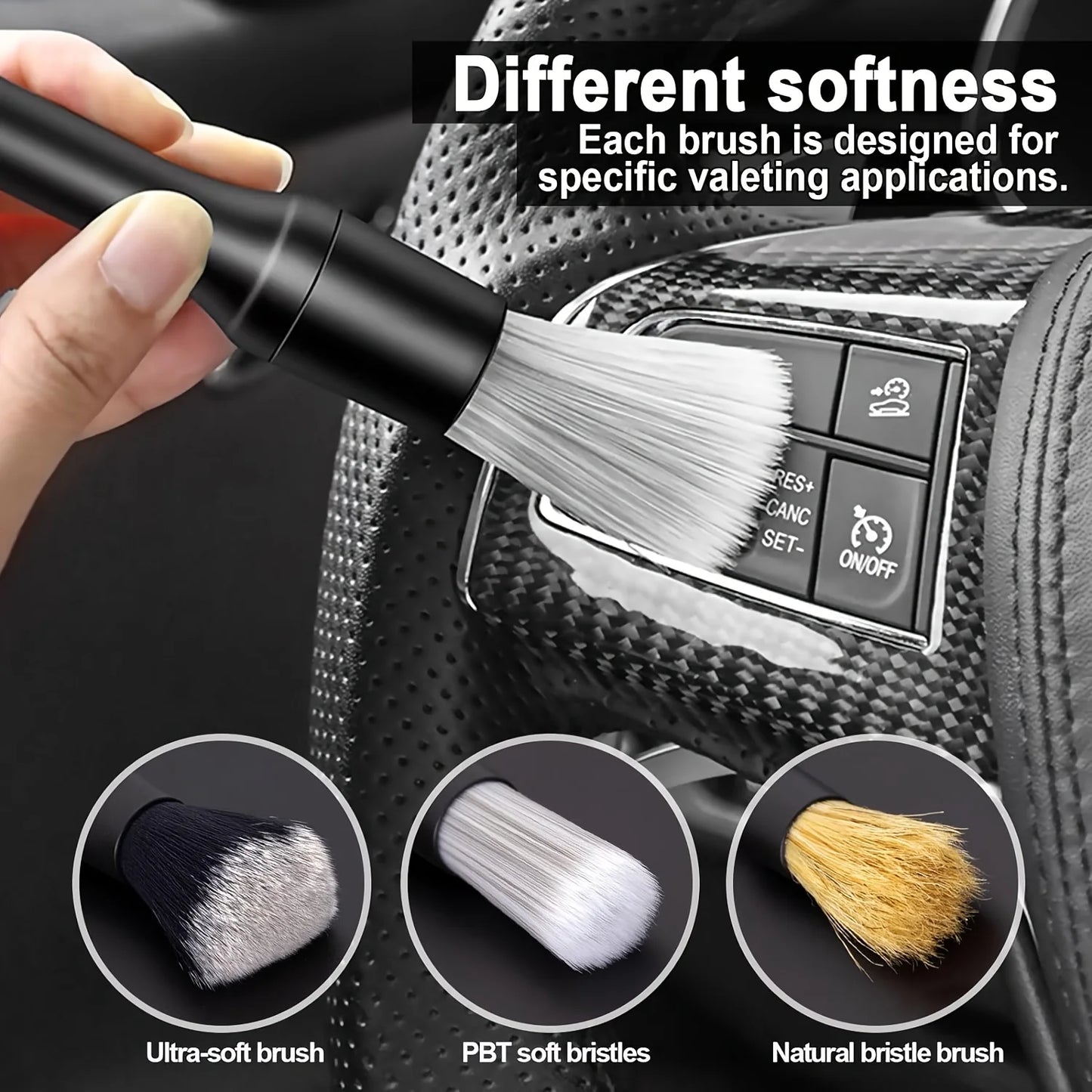 3PCS Automotive Interior Detail Brush Set Soft Synthetic Wool