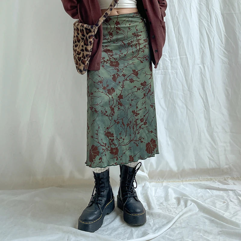 CIBBAR Harajuku Floral Print Long Skirt Vintage Low Rise Straight Midi