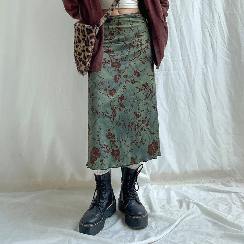 CIBBAR Harajuku Floral Print Long Skirt Vintage Low Rise Straight Midi