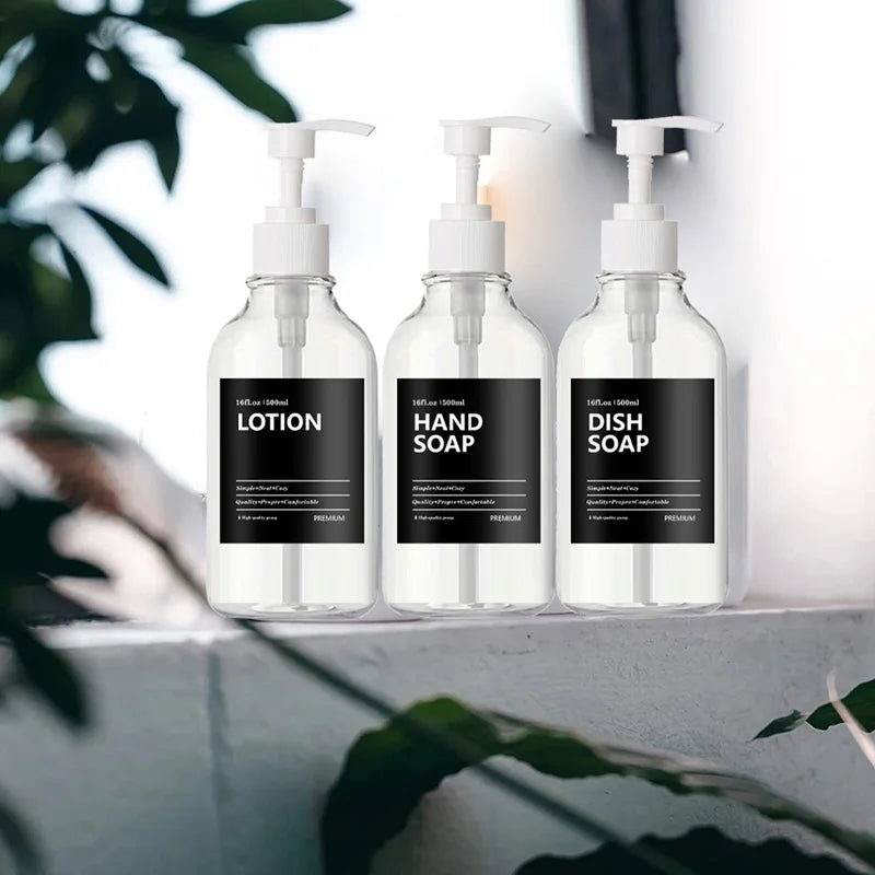 3 Pack 500ml Soap Dispenser With Labels Kitchen Bathroom Shampoo