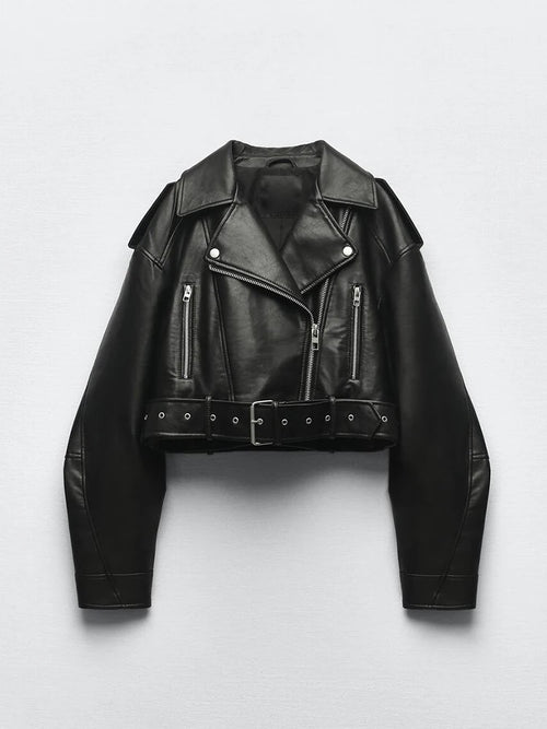 Ailegogo Spring Autumn Women Faux Pu Leather Short Jacket with Belt