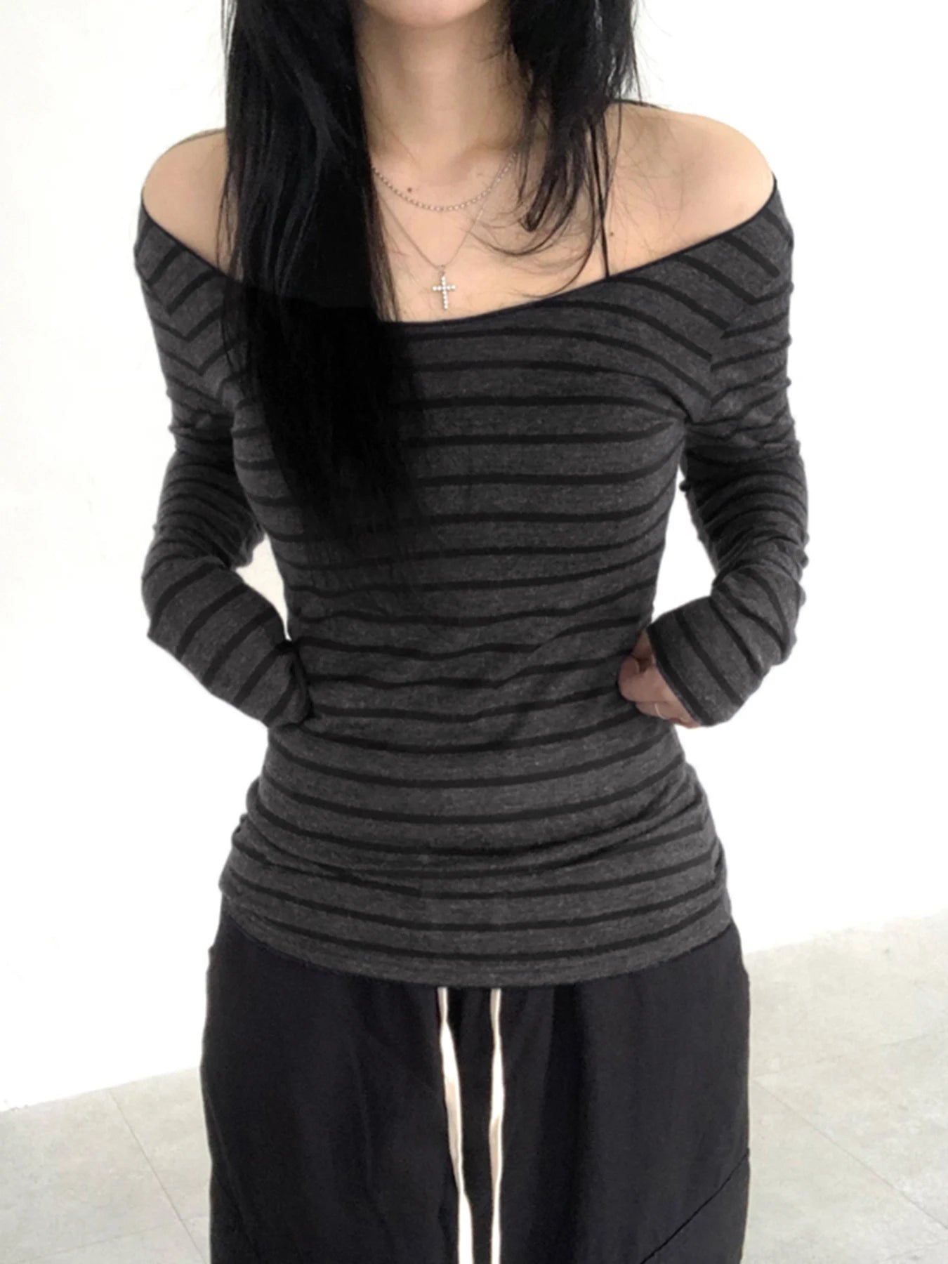 Sweetown Japanese Basic Slim Long Sleeve Stripe Tee Off Shoulder O