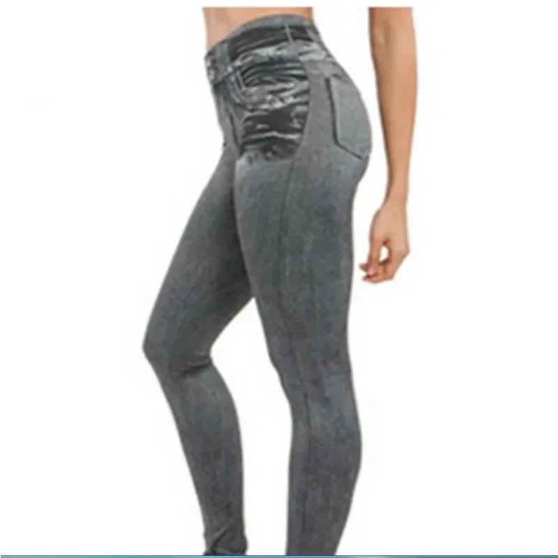 Women Leggings 2023 Fashion Faux Denim Jeans Leggings Sexy Long Pocket