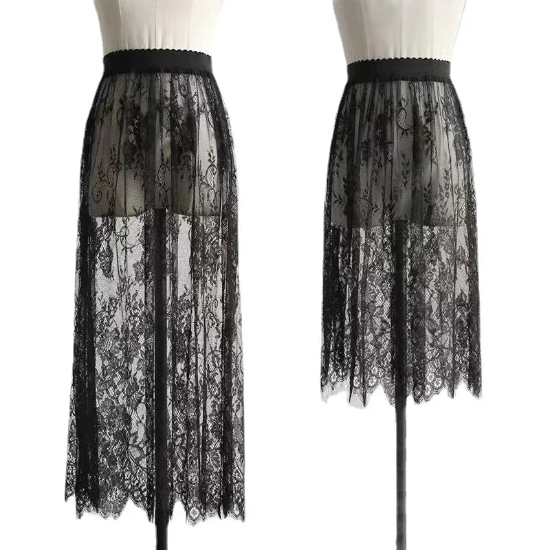 2 Length Elegant Black Skirt White Lace Transparent Long Tulle Skirt