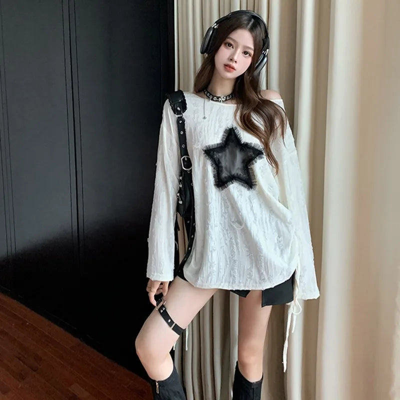 Harajuku Tshirts Fashion Tops Star Hollow Out Long Sleeve T Shirt
