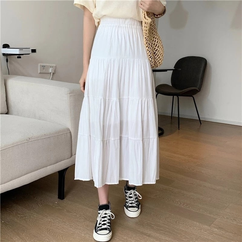 Spring Summer Women Chiffon Skirts Vintage High Waist Elastic