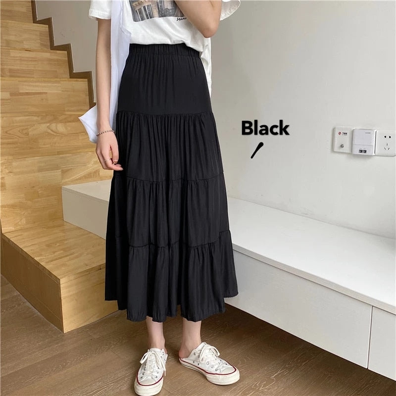 Spring Summer Women Chiffon Skirts Vintage High Waist Elastic