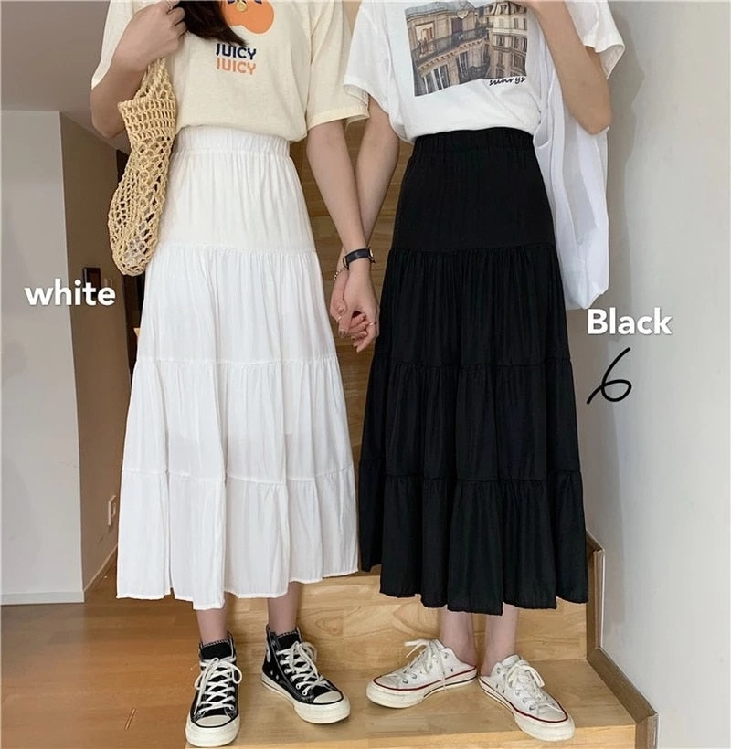 Spring Summer Women Chiffon Skirts Vintage High Waist Elastic