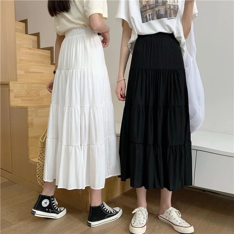 Spring Summer Women Chiffon Skirts Vintage High Waist Elastic