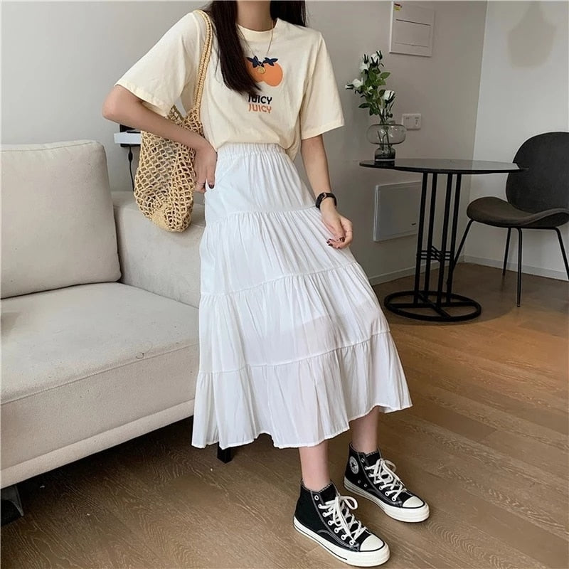 Spring Summer Women Chiffon Skirts Vintage High Waist Elastic