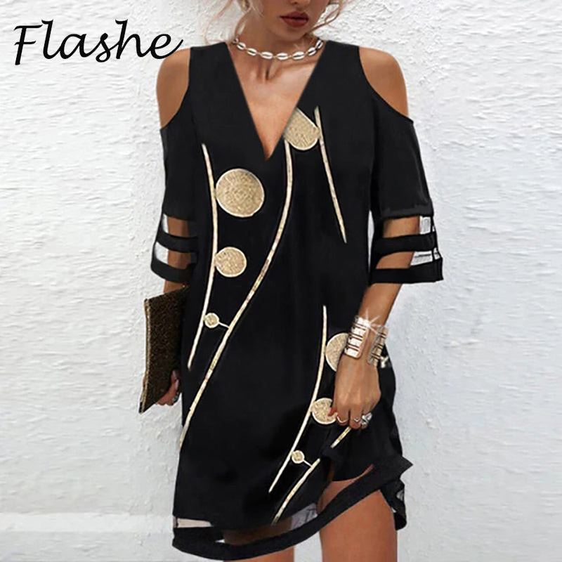 Summer Women Short Dress V Neck Short Sleeve Lace Mesh Patchwork