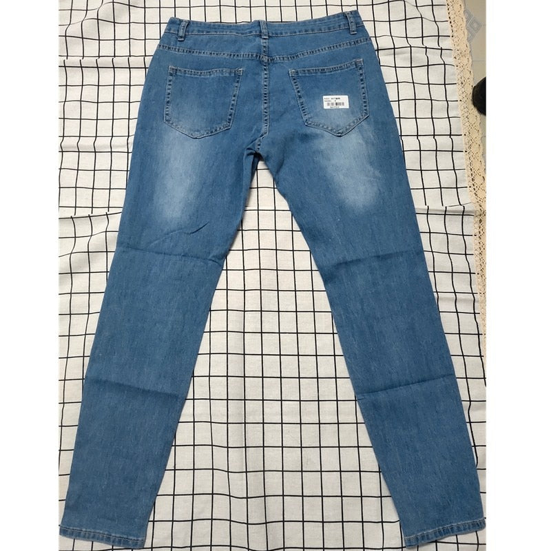 White Embroidery Jeans Men Cotton Stretchy Ripped Skinny Jeans High