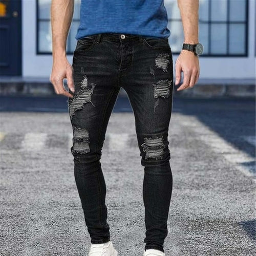 White Embroidery Jeans Men Cotton Stretchy Ripped Skinny Jeans High