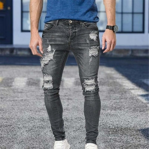 White Embroidery Jeans Men Cotton Stretchy Ripped Skinny Jeans High