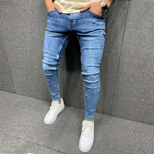 White Embroidery Jeans Men Cotton Stretchy Ripped Skinny Jeans High