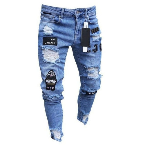 White Embroidery Jeans Men Cotton Stretchy Ripped Skinny Jeans High