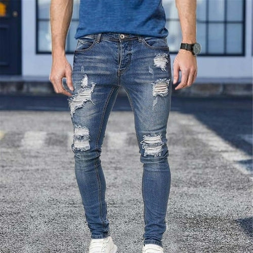 White Embroidery Jeans Men Cotton Stretchy Ripped Skinny Jeans High