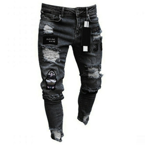 White Embroidery Jeans Men Cotton Stretchy Ripped Skinny Jeans High