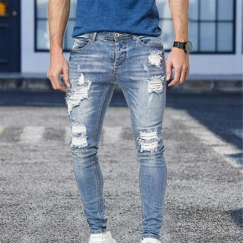 White Embroidery Jeans Men Cotton Stretchy Ripped Skinny Jeans High