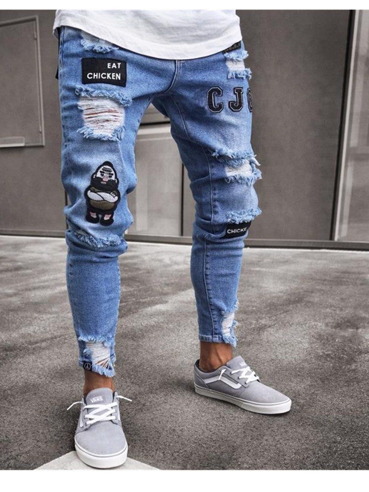 White Embroidery Jeans Men Cotton Stretchy Ripped Skinny Jeans High
