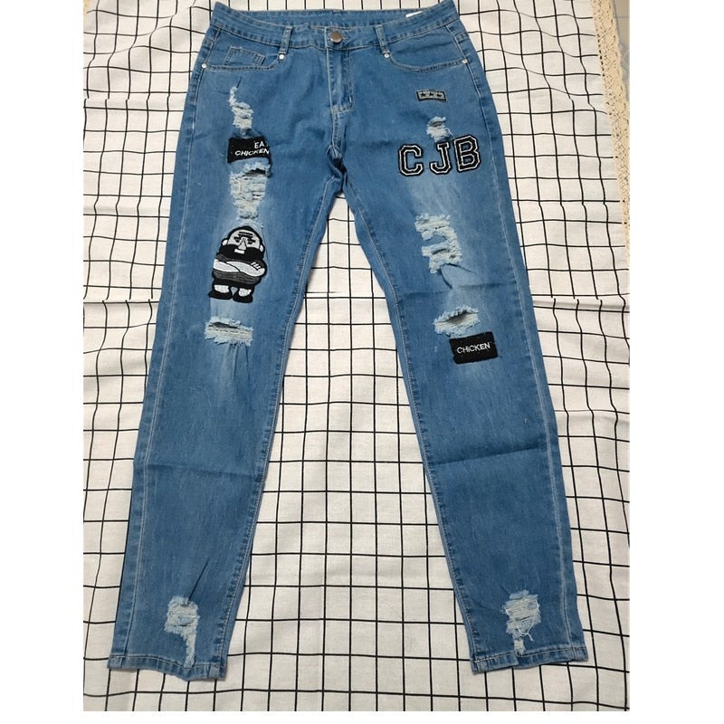 White Embroidery Jeans Men Cotton Stretchy Ripped Skinny Jeans High