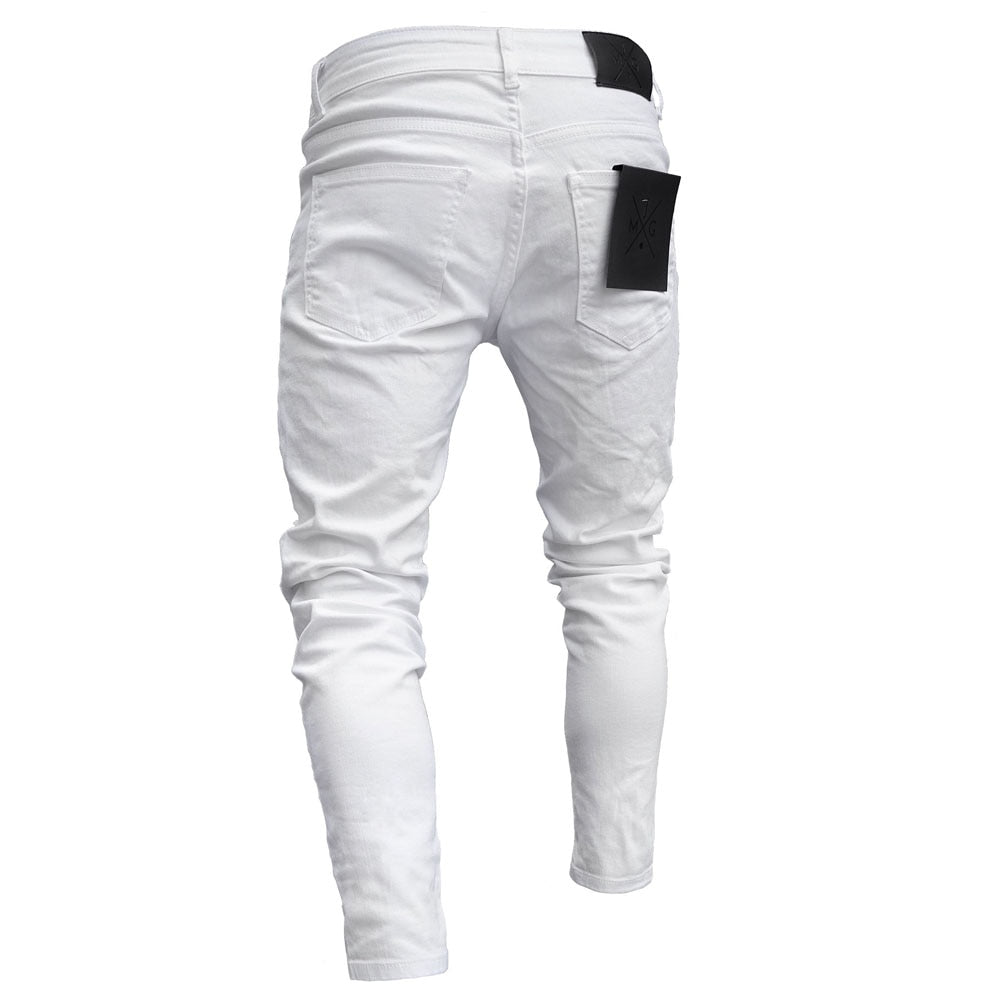 White Embroidery Jeans Men Cotton Stretchy Ripped Skinny Jeans High