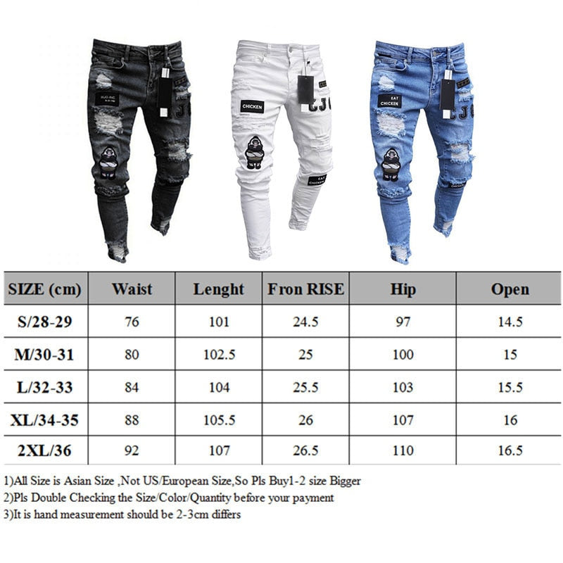 White Embroidery Jeans Men Cotton Stretchy Ripped Skinny Jeans High