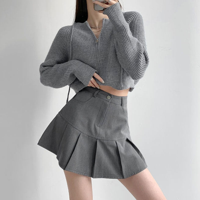 Y2K Vintage High Waist Pleated Skirt Women College Style Uniforms