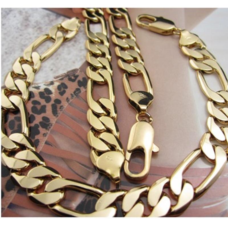 Statement Jewelry Set 18k Yellow Gold Filled Mens Necklace+Bracelet