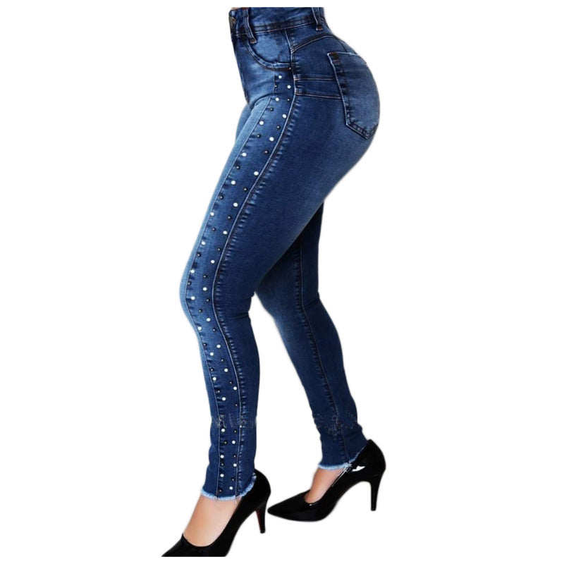 2021 New Women Dark Blue High Waist Beaded Jeans High Stretch Denim