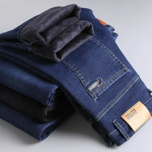 2022 Winter Men Black Slim Fit Stretch Thick Velvet Pants Warm Jeans