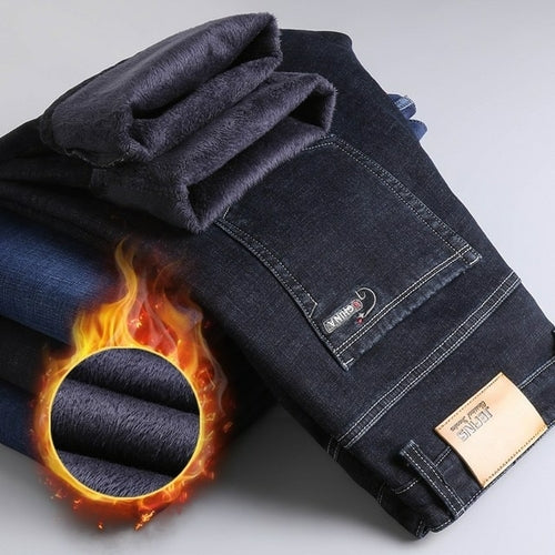2022 Winter Men Black Slim Fit Stretch Thick Velvet Pants Warm Jeans