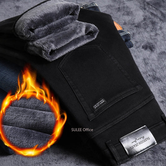 2022 Winter Men Black Slim Fit Stretch Thick Velvet Pants Warm Jeans