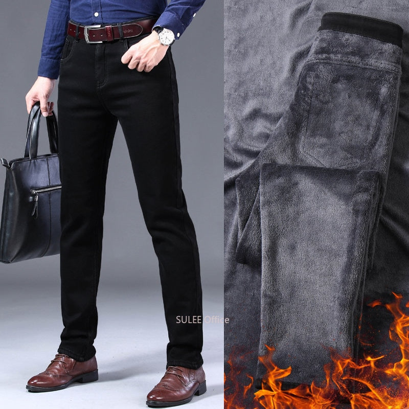 2022 Winter Men Black Slim Fit Stretch Thick Velvet Pants Warm Jeans