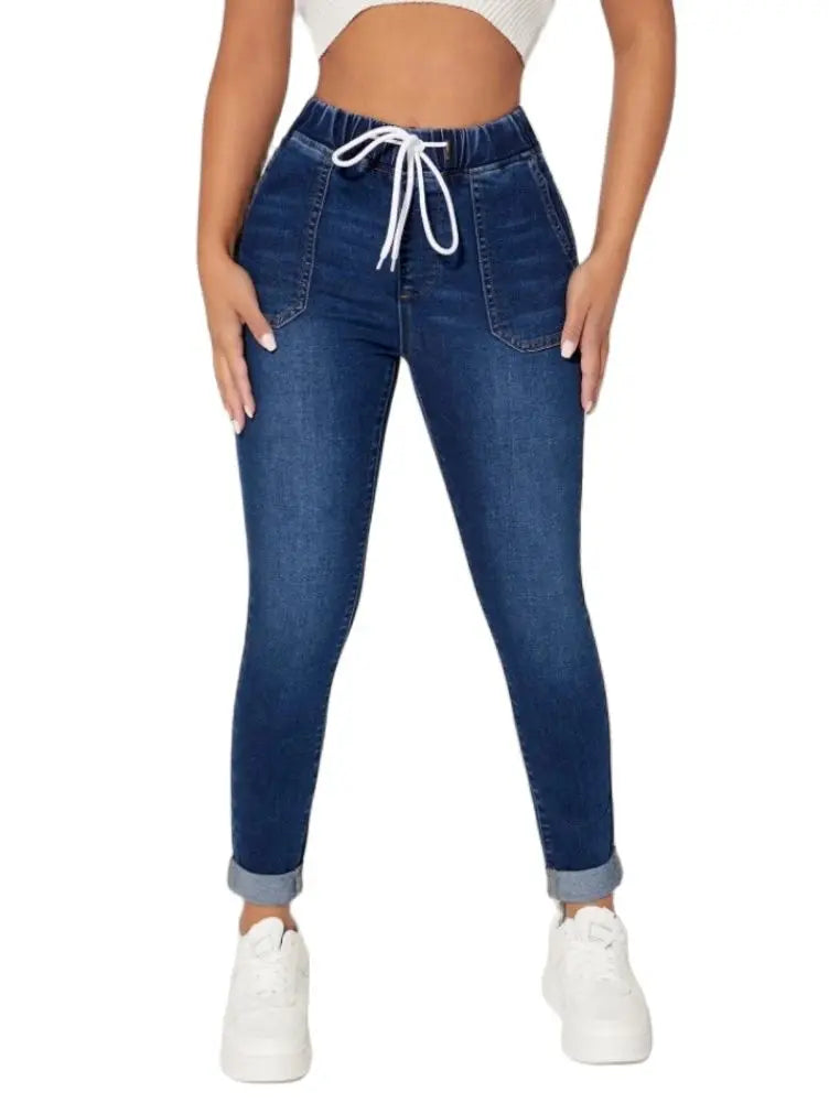 2023 Fall New Women Elastic Waist Ankle-Length Jeans High Waist