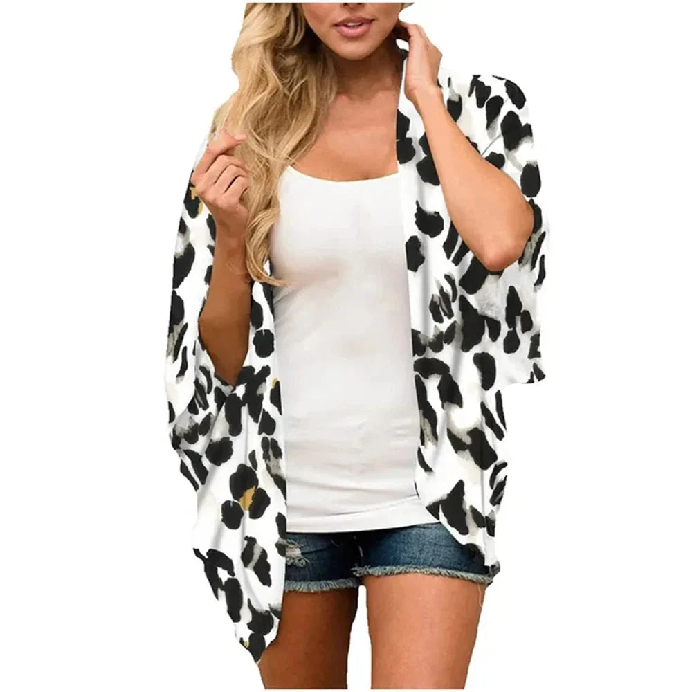 Women'S Swimwear 2023 Cardigans For Women Clearance Fashion Womens Middle Short Sleeve Print Chiffon Cardigan Beach Loose Tops