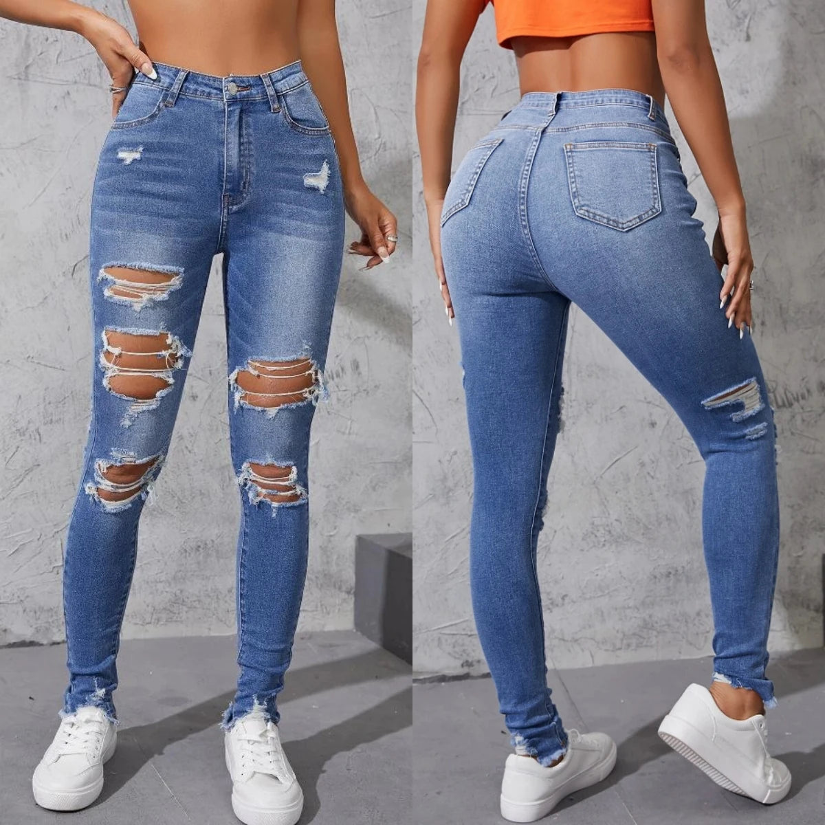Hot Sale Women's Ripped Skinny Jeans Fashionable High Stretch Slim Fit