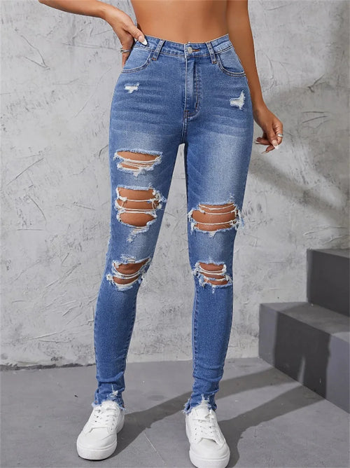 Hot Sale Women's Ripped Skinny Jeans Fashionable High Stretch Slim Fit