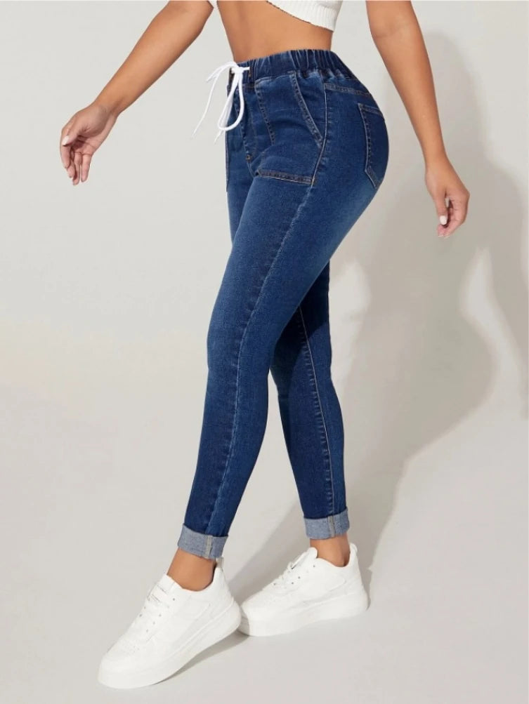 2023 Fall New Women Elastic Waist Ankle-Length Jeans High Waist