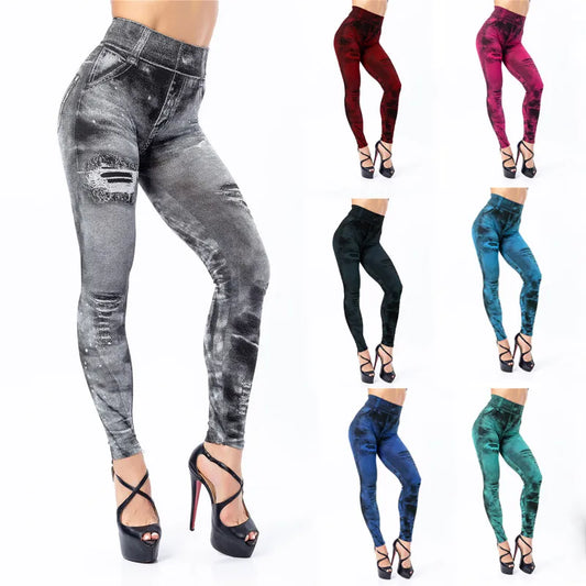 2023 Sexy Astic Imitation Jeans Leggings Women Stretch High Waist