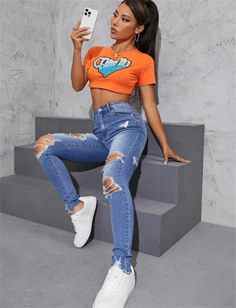 Hot Sale Women's Ripped Skinny Jeans Fashionable High Stretch Slim Fit