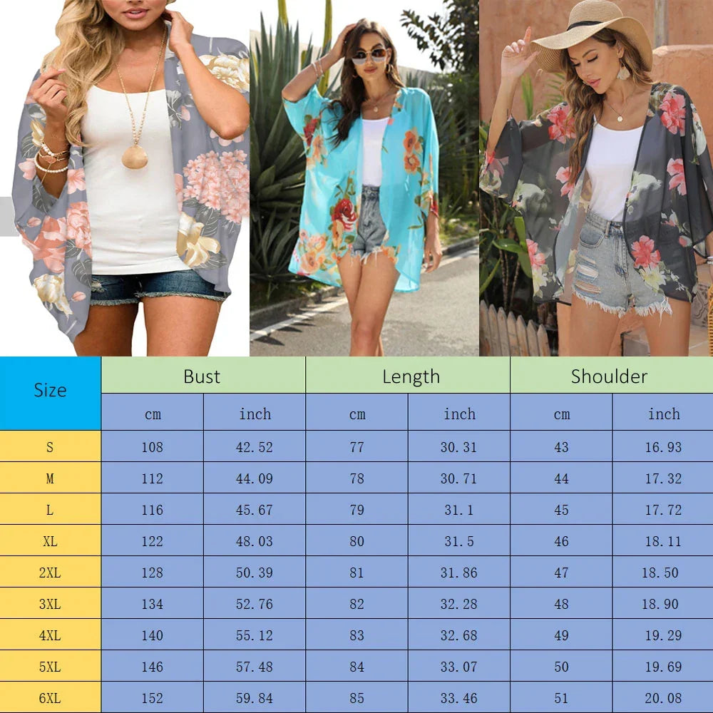 New Women Chiffon Blouse Kimono Tops Cardigan Leaves Print Beach Blouse Shawl Loose Hawaiian Outwear Swim Cover Up  Beach Wear