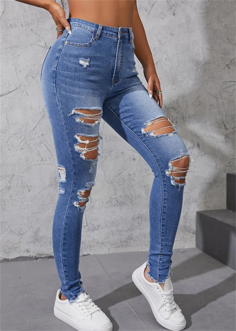 Hot Sale Women's Ripped Skinny Jeans Fashionable High Stretch Slim Fit