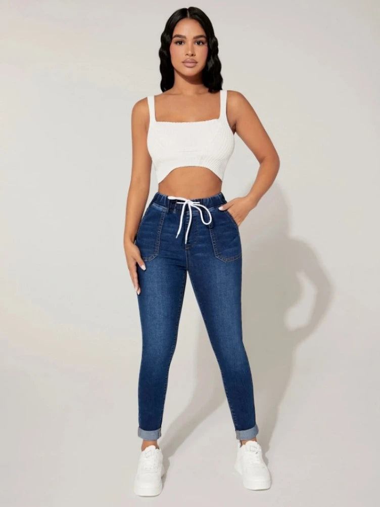 2023 Fall New Women Elastic Waist Ankle-Length Jeans High Waist