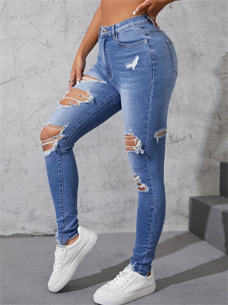Hot Sale Women's Ripped Skinny Jeans Fashionable High Stretch Slim Fit