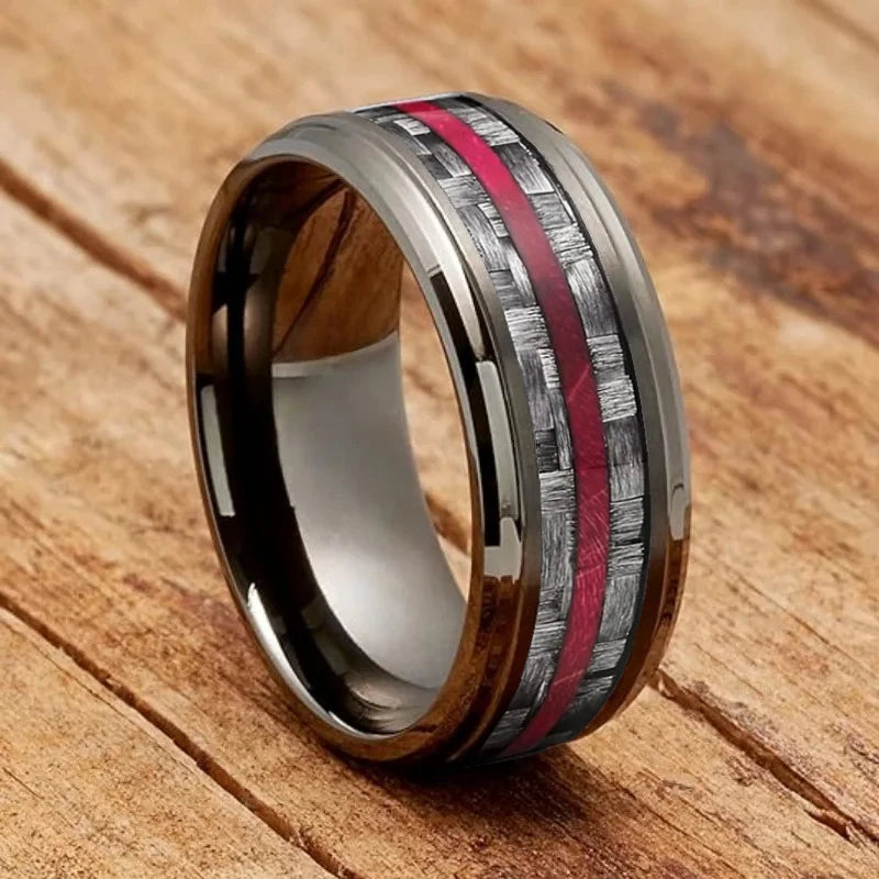 Fashion 8mm Black Stainless Steel Guitar String Rings for Men Whiskey Barrel Wood Inlay Guitarist Ring Men Wedding Band Jewelry