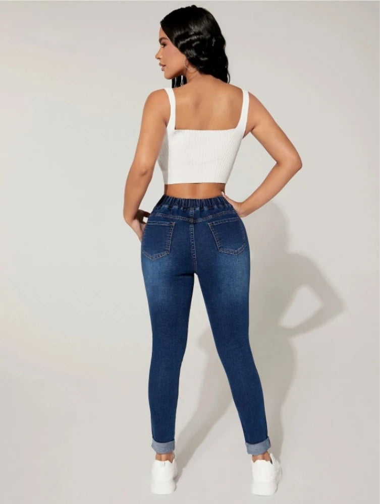 2023 Fall New Women Elastic Waist Ankle-Length Jeans High Waist