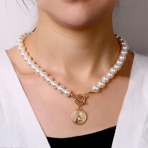 FNIO Pearl Chain Choker Necklace For Women Collar Goth Necklaces