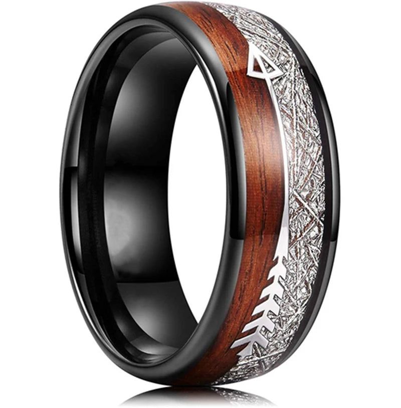 Fashion 8mm Black Stainless Steel Guitar String Rings for Men Whiskey Barrel Wood Inlay Guitarist Ring Men Wedding Band Jewelry