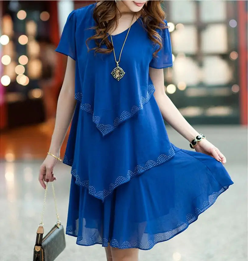 new Summer woman Loose Short sleeve Ruffles Chiffon dress Plus Size